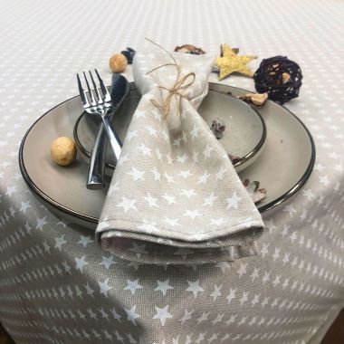 Linen and White Star Christmas Fabric Tablecloth