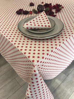 Linen and Red Stars Christmas Fabric Tablecloth