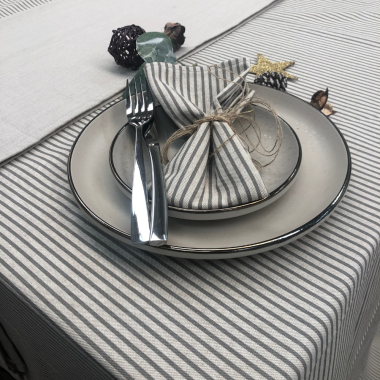 Linen and Grey Stripe Ticking Christmas Fabric Tablecloth