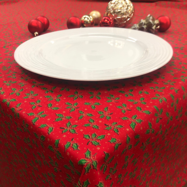 Red Festive Holly Christmas 100% Cotton Fabric Table Runner