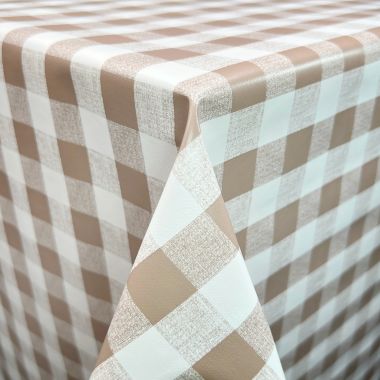 Taupe and White Gingham Check PVC Vinyl Wipe Clean Tablecloth