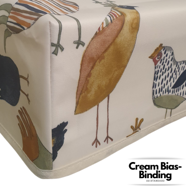 Cream Multi Harriet Hens/Chickens Oilcloth WITH BOXED CORNERS & BIAS-BINDING Wipe Clean Tablecloth