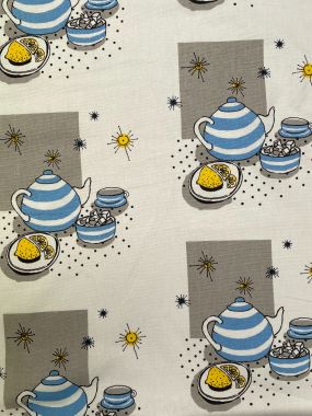 Natural and Duck egg Afternoon Tea Party Cotton Curtain and Upholstery Fabric