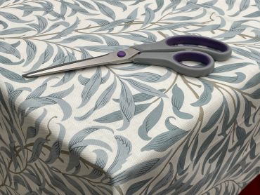 William Morris Willow Boughs in Mineral Grey/Blue Matte Finish Wipe Clean Oilcloth WITH BIAS-BINDING HEMMED EDGING Tablecloth