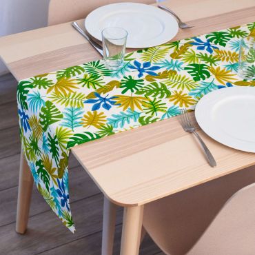 Green Blue Aqua Multi Botanic Floral 100% Cotton Table Runner