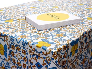 Blue and Yellow Mosaic Lemons 20 Metre Roll PVC Vinyl Tablecloth Roll