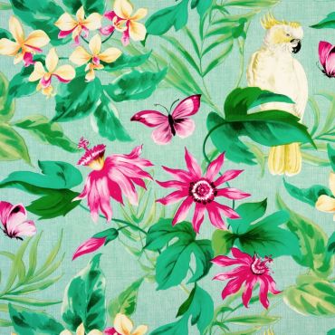 Green and Pink Tropical Birds and Butterflies 20 Metre Roll PVC Vinyl Tablecloth Roll