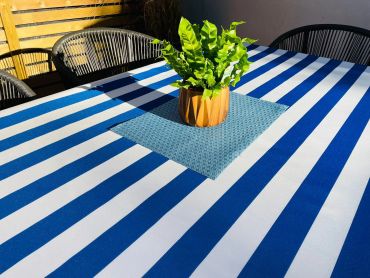 Blue and White Stripe Outdoor/Indoor Water Repellent Tablecloth 144cm Wide