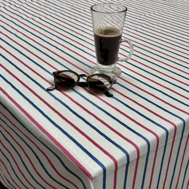 Walcott Marine Red Blue Stripes With BIAS-BINDING Matte Finish Wipe Clean Oilcloth Tablecloth