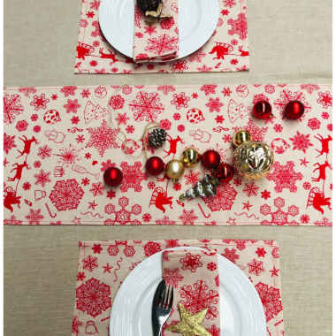 Taupe & Red Christmas Scene Fabric Table Runner