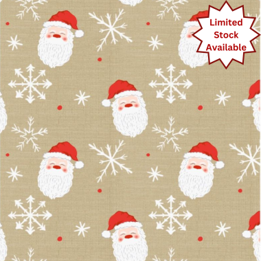 Beige Christmas Happy Santa and Snowflake Christmas 20 Metre Roll Oilcloth Vinyl Tablecloth Roll