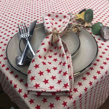 Linen and Red Star Christmas Fabric Tablecloth