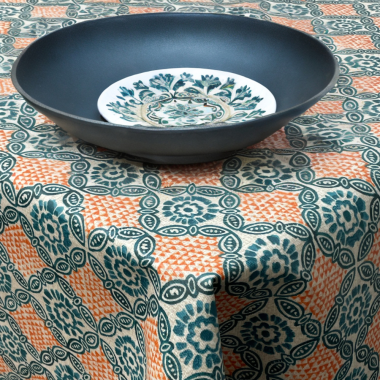 Teal and Orange Mykonos Mosaic Floral Matte Wipe Clean Oilcloth Tablecloth