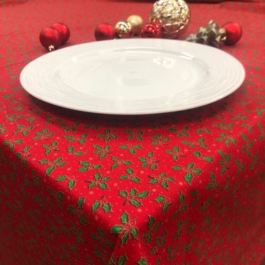 Red Festive Xmas Christmas Holly 100% Cotton Fabric Tablecloth