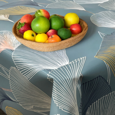 Ginko Leaves Blue Floral PVC Vinyl Wipe Clean Tablecloth