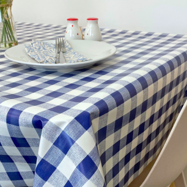 Blue and White Gingham 20 Metre Roll PVC Vinyl Tablecloth Roll