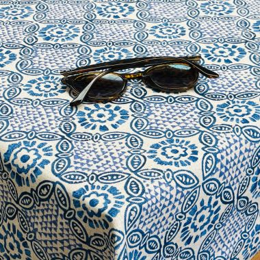 China Blue Mykonos Mosaic Floral Matte Wipe Clean Oilcloth WITH BIAS-BINDING HEMMED EDGING Tablecloth