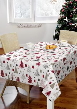 Red Christmas Trees & Presents Festive PVC Vinyl Wipe Clean Tablecloth