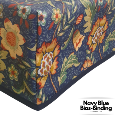 Royal Blue and Beige Morris Floral Matte Finish Wipe Clean Oilcloth WITH BOXED CORNERS & BIAS-BINDING Tablecloth