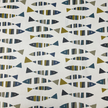 Teal Olive and Taupe Funky Sardine Fishes Oilcloth Matte Finish Wipe Clean Tablecloth