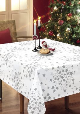 White and Silver Stars Christmas PVC Vinyl Wipe Clean Tablecloth