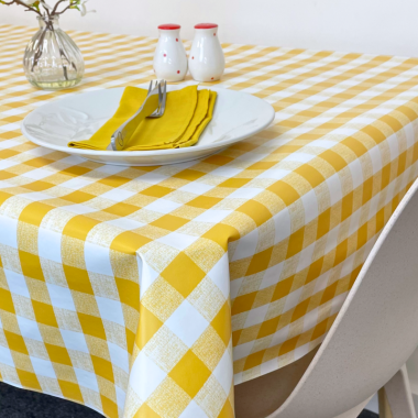 Yellow and White Gingham 20 Metre Roll PVC Vinyl Tablecloth Roll
